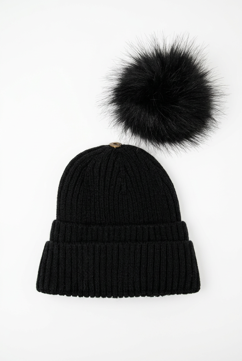 Double Cuff Beanie Detachable Faux Fur Pom