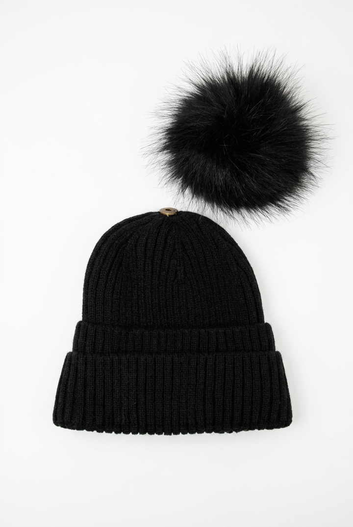 Double Cuff Beanie Detachable Faux Fur Pom