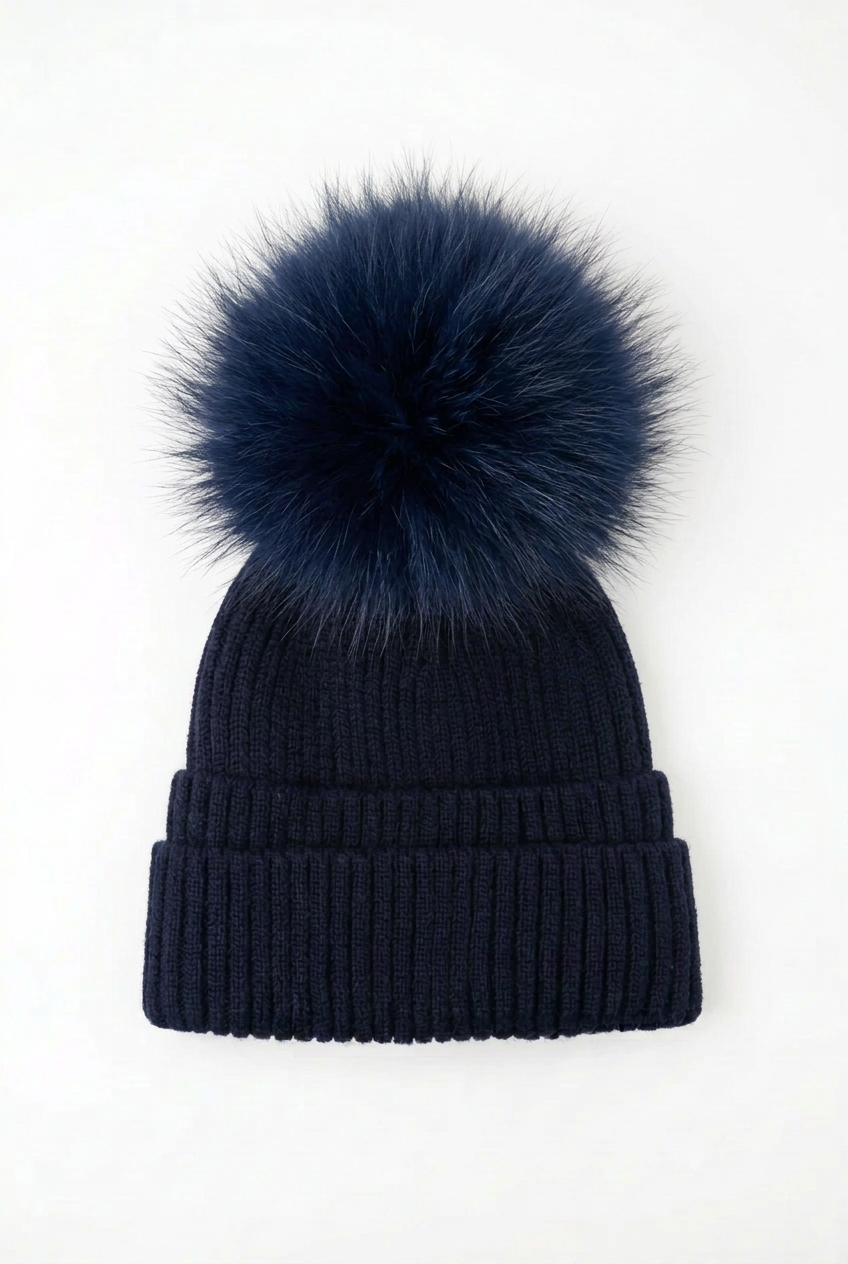 Double Cuff Beanie Detachable Faux Fur Pom