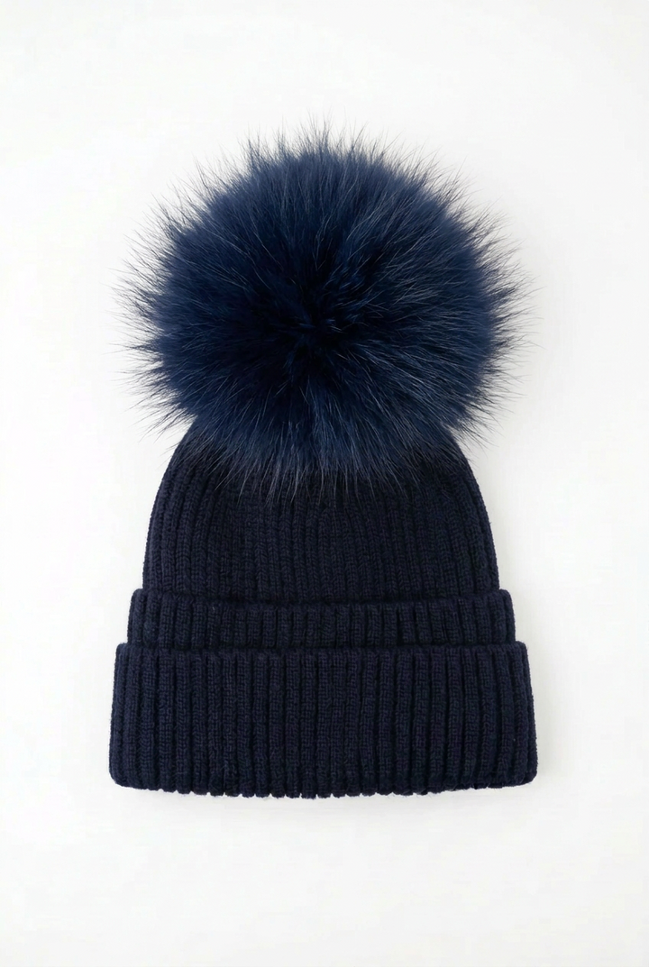 Double Cuff Beanie Detachable Faux Fur Pom