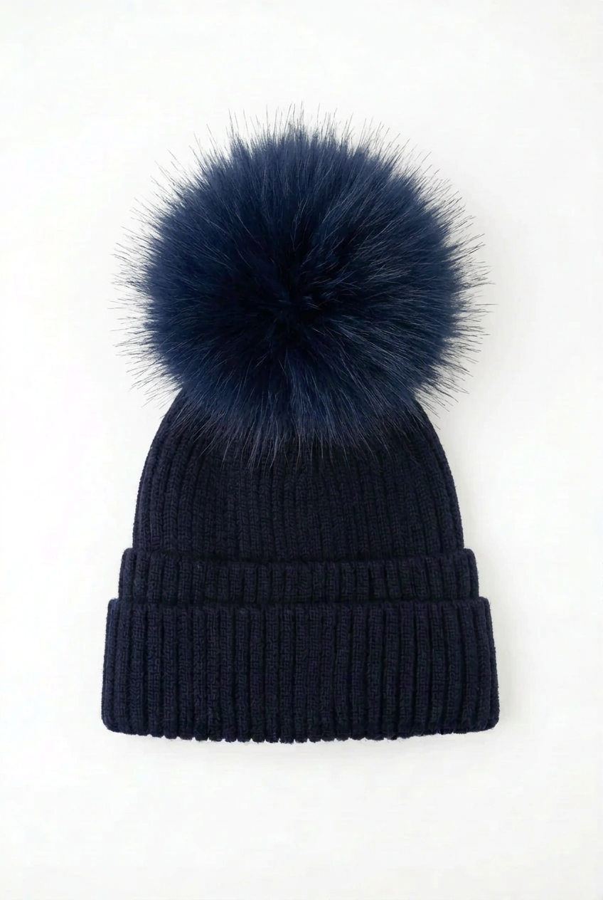 Double Cuff Beanie Detachable Faux Fur Pom