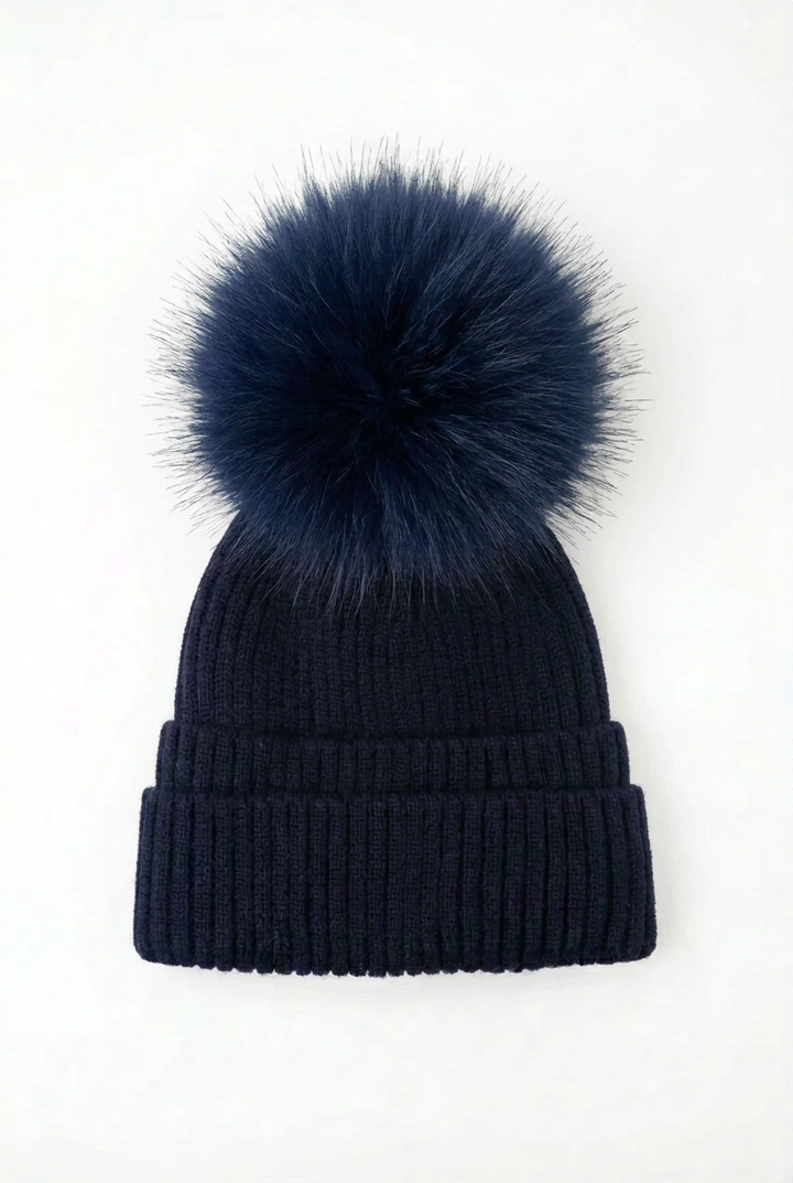 Double Cuff Beanie Detachable Faux Fur Pom
