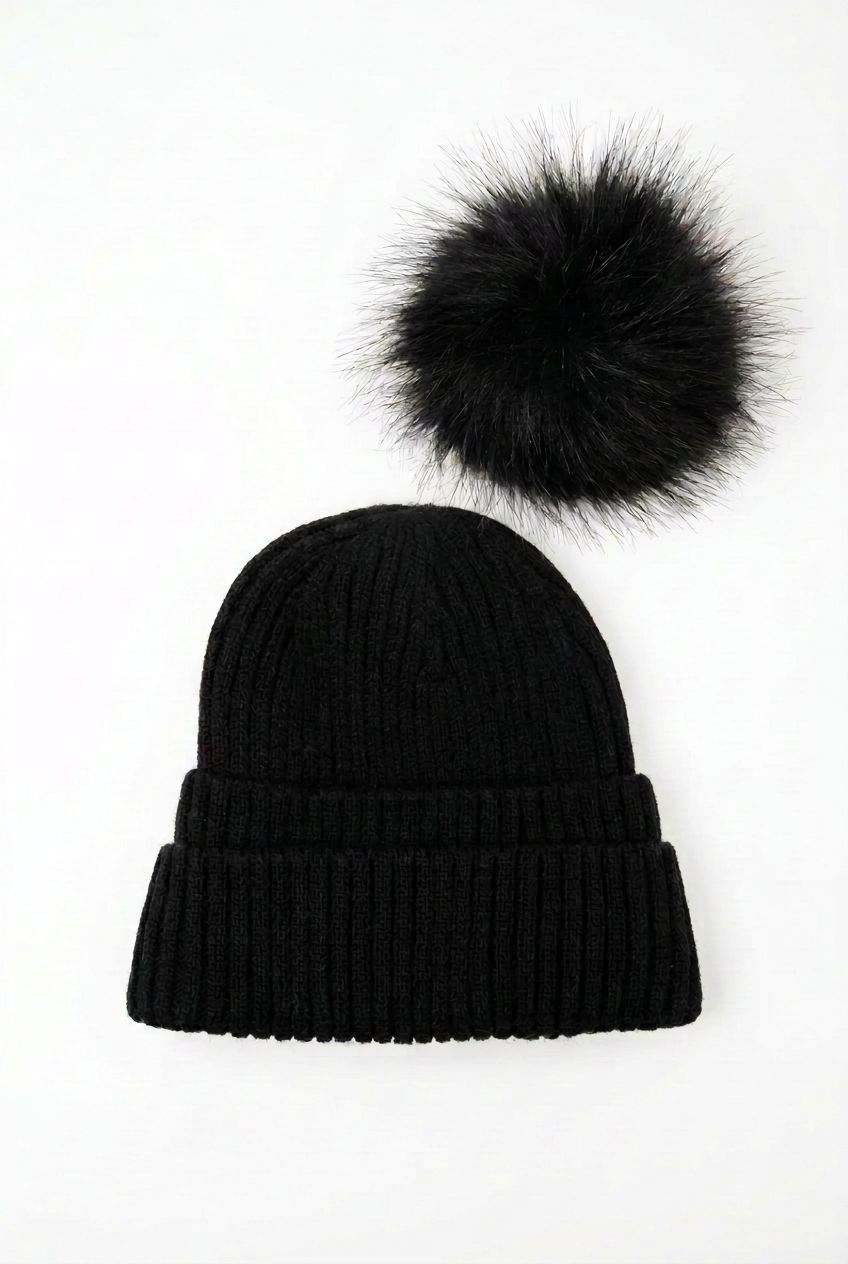 Double Cuff Beanie Detachable Faux Fur Pom