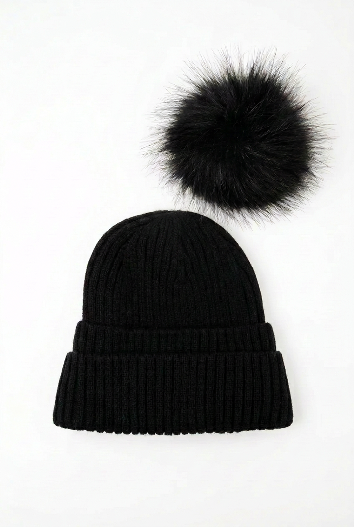 Double Cuff Beanie Detachable Faux Fur Pom