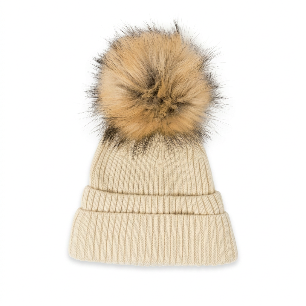Double Cuff Beanie Detachable Faux Fur Pom