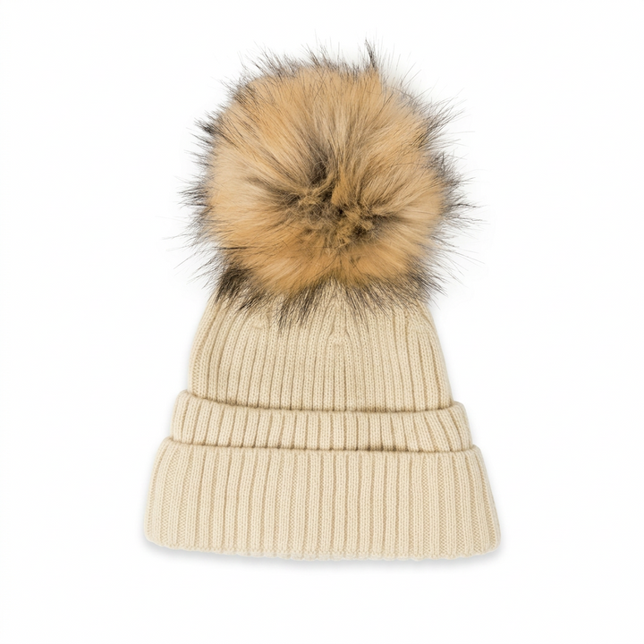 Double Cuff Beanie Detachable Faux Fur Pom