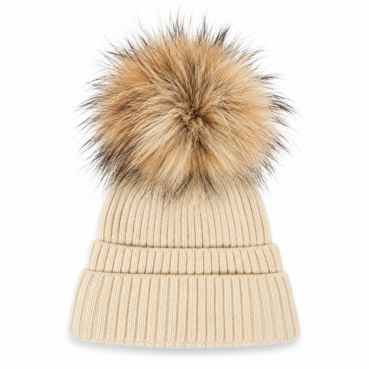 Double Cuff Beanie Detachable Faux Fur Pom